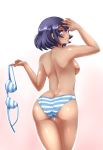 10s 1girl ass backboob bare_back bare_shoulders bikini bikini_top_removed blue_eyes blush bra breasts dark_skin highres holding large_breasts looking_at_viewer looking_back panties pokemon pokemon_(game) pokemon_xy purple_hair short_hair sideboob sina sina_(pokemon) smile solo striped striped_bikini striped_panties swimsuit taut_clothes topless twrlare underwear undressing