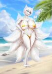  1girl beach big_ass big_breasts bikini cute fluffy_tail fox gold_bikini golden_bikini nine_tails posing sea seductive white_hair white_skin yuki_(yukianno) yukianno 