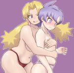 2girls ;q anabel blonde_hair blush blushing breast_groping breasts cassidy convenient_censoring covering covering_breasts earrings embarrassed hug hug_from_behind jewelry lila_(pokemon) long_hair multiple_girls nakaba navel one_eye_closed panties pokemon pokemon_(anime) purple_background purple_eyes purple_hair purple_panties red_panties short_hair team_rocket tongue tongue_out topless twintails underboob underwear wavy_mouth yamato_(pokemon) yuri