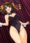 1female 1girl :d big_breasts breasts brown_hair brown_hair_female bunny_ears bunny_girl bunnysuit commentary_request english_commentary female_only hairband happy happy_female haruhisky high_res high_resolution indoors light-skinned_female light_skin short_hair short_hair_female solo_female standing suzumiya_haruhi suzumiya_haruhi_no_yuuutsu yellow_hairband yellow_ribbon