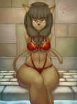 1girl bikini black_nose breasts brown_eyes brown_fur brown_hair cesium feline female_only freckles furry miranda_(wakfu) navel pool sitting thick_thighs voluptuous wakfu water