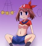  1girl areolae artist_request bandanna bike_shorts blank_eyes breasts brown_hair game_freak gradient_background haruka_(pokemon) humans_of_pokemon hypnosis hypnotized may_(pokemon) navel nintendo nipples pokemon pokemon_(anime) pokemon_diamond_pearl_&amp;_platinum pokemon_dppt shirt_lift sitting 