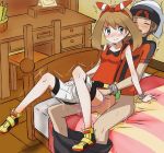 arm_support bed bed_sheet bedroom blanket blush brendan embarrassed furanshisu haruka_(pokemon) haruka_(pokemon)_(remake) looking_back may mega_ring motion_lines panties panties_down pants_down pink_panties pokemon pokemon_(game) pokemon_oras sex shorts_down smile sweatdrop sweating trembling vaginal wavy_mouth