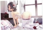 10s 1girl absurdres all_fours ass bed blue_eyes blush bottomless breasts censored come_hither curtains female_focus flower frilled_pillow frills grey_hair hair_flower hair_ornament hanging_breasts high_heels highres lingerie looking_at_viewer love_live! love_live!_sunshine!! medium_breasts mosaic_censoring nipples open_mouth petals picture_frame pillow pussy scan senji_(tegone_spike) short_hair solo thighhighs underwear vase watanabe_you white_thighhighs window