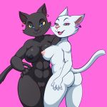 1girl 2017 anthro areola ass black_fur blue_eyes blue_sclera breasts cat claws duo ear_piercing fangs feline fur furry half-closed_eyes lonbluewolf looking_at_viewer mammal muscular muscular_female navel nipples open_mouth orange_eyes piercing pussy teeth tongue white_fur yellow_sclera