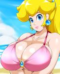 1girl beach big_breasts bikini bikini_top blonde_hair blue_eyes breasts bursting_breasts cleavage curvy earrings exhibitionism female_only huge_breasts human jewelry lipstick looking_at_viewer massive_breasts nintendo outside ponytail princess_peach smile speeds super_mario_bros. upper_body voluptuous