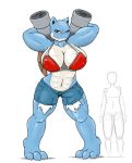  anthro arms_behind_back big_breasts bikini_top blastoise breasts cannon nintendo oppai pokemon red_eyes shell shorts sketch white_background 