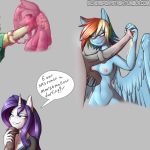 2017 animal_genitalia animal_penis anthro anthrofied areola blush breasts clothed clothing cum dialogue disembodied_penis english_text equine equine_penis feathered_wings feathers friendship_is_magic furry goo grin hair half-closed_eyes high_res horn long_hair male male/female mammal multicolored_hair my_little_pony nipples nude oral pegasus penis purple_hair rainbow_dash rainbow_hair rarity sex silverfox057 simple_background testicles text unicorn vein wings