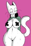 1girl anthro belly big_breasts blush bottomless breasts cat chest_tuft clothed clothing collar dubtitled fangs feline flashing furry mammal navel nipple_tape pasties simple_background sweater tape tuft whiskers wide_hips