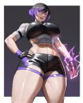  1girl abs anhuzart athletic_female bandai_namco big_breasts black_and_purple_hair breasts curvaceous curvy curvy_body curvy_female curvy_figure female_abs fighter fingerless_gloves fit_female gloves glowing_eyes hand_on_hip muscular_female namco namco_bandai purple_eyes reina reina_(tekken) reina_mishima tekken tekken_8 thick_thighs thighs tomboy toned_female twitter voluptuous 