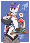 <3 anthro apron armpits bell beverage big_breasts breasts cleavage clothed clothing collar feline food fur furry green_eyes hat huge_breasts kaenidi legwear mammal name_tag orange_fur original pin sam_(kaenidi) shirt simple_background smile stockings tank_top underwear white_fur