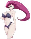 1girl bad_id bad_twitter_id bikini black_bra black_panties bra breasts cleavage green_eyes hair_slicked_back hand_on_hip highres humans_of_pokemon jessie_(pokemon) large_breasts long_hair looking_at_viewer musashi_(pokemon) navel panties pokemon pokemon_(anime) purple_hair shiny_skin slugbox solo stomach strapless strapless_bra team_rocket underwear