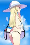 1girl ass bag bikini bikini_bottom blonde_hair braid breasts cloud day duffel_bag green_eyes hair_censor hair_over_breasts hat lillie lillie_(pokemon) long_hair noripachi o-ring_bottom pokemon pokemon_(game) pokemon_sm profile skindentation sky small_breasts solo standing sun_hat swimsuit topless twin_braids white_bikini