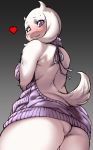 <3 1girl 2017 anthro ass big_ass big_breasts blush boss_monster bottomless bottomless_anthro bottomless_female breasts caprine clothed clothing fluffy_tail from_below fur furry goat gradient_background high_res horn long_ears looking_at_viewer looking_back mammal meme meme_attire meme_clothing milf nme parent purple_eyes rear_view simple_background standing toriel undertale video_games virgin_killer_sweater white_fur