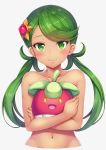 1girl blush bounsweet dark_skin green_eyes green_hair hair_ornament highres long_hair looking_at_viewer mallow mao_(pokemon) navel nude open_mouth pokemon pokemon_(creature) pokemon_(game) pokemon_sm simple_background smile snowcanvas twintails white_background