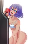 10s 1girl arcade_cabinet blue_eyes blush bottomless bra breasts cleavage controller dark_skin highres joystick monorus navel open_mouth phallic_symbol pokemon pokemon_(game) pokemon_xy polka_dot polka_dot_bra purple_hair sexually_suggestive short_hair sina sina_(pokemon) solo sweat tongue tongue_out underwear wide_hips