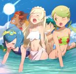 3_girls 3boys 3girls ;o all_fours bare_shoulders beach bent_over bikini black_hair blonde_hair blue_hair blue_sky blush blush_stickers bottomless bounsweet braid breasts closed_eyes clothe cloud dark-skinned_male dark_skin day doggystyle french_braid goggles goggles_on_head green_eyes green_hair grin group_sex hair hair_ornament half-closed_eyes harem kaki_(pokemon) lana lillie lillie_(pokemon) long_hair maamane_(pokemon) mallow mallow_(pokemon) mao_(pokemon) multicolored_hair multiple_boys multiple_girls mushi_gyouza navel nude ocean one-piece_swimsuit one_eye_closed orange_hair orgasm outdoors ovum partially_submerged pikachu pokemon pokemon_(anime) pokemon_sm pokemon_sm_(anime) satoshi_(pokemon) sea sexually_suggestive short_hair sky small_breasts smile standing strapless suiren_(pokemon) sun swimsuit teeth tubetop twin_tails two-tone_hair wavy_mouth