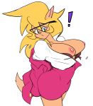 ! 1girl 2017 anthro blonde_hair breasts callie_briggs cat clothing exposed_breasts eyewear feline furry glasses hair jacket mammal shirt simple_background skirt surprise swat_kats wardrobe_malfunction white_background