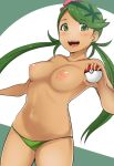 1_female 1_human 1girl :d areola areolae bangs bikini blush breasts dark-skinned_female dark_skin eyebrows_visible_through_hair female female_human flower flower_on_head green green_bikini green_eyes green_hair green_panties hair_flower hair_ornament happy holding holding_poke_ball human human_only long_hair looking_at_viewer mallow mallow_(pokemon) mao_(pokemon) md5_mismatch mostly_nude navel nipples no_bra open_mouth panties poke_ball pokeball pokemon pokemon_sm simple_background smile solo swept_bangs topless trial_captain underwear yuna_(spn28u79)