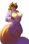  1girl 2016 anthro big_breasts blue_eyes breasts brown_hair canine clothing fluffy_tail fox fur furry hair holding_breast mammal naturally_censored nipple_tuft orange_fur robe smile starfighter tuft white_fur woadedfox 