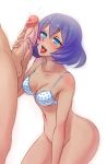 10s 1boy 1girl blue_eyes blush bottomless bra breasts cleavage curvy dark_skin handjob hetero highres kneeling large_penis monorus navel open_mouth penis pokemon pokemon_(game) pokemon_xy polka_dot polka_dot_bra precum purple_hair short_hair sina_(pokemon) solo_focus strap_gap sweat testicles tongue tongue_out uncensored underwear veins veiny_penis wide_hips