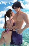 abs alluring beach bulge_under_swimsuit canon_couple erection_under_clothes erection_under_swimsuit hand_on_abs holding_water_bottle inuyasha miroku ocean one-piece_swimsuit sango sayuri_watanabe stroking_abs swimming_trunks swimsuit