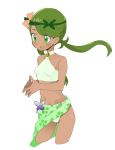  1girl blush breasts butterfly_ornament choker cowboy_shot dark_skin fingers_together flower gluteal_fold green_eyes green_hair hair_flower hair_ornament halterneck headband long_hair mallow mallow_(pokemon) mao_(pokemon) midriff navel ookamiuo pokemon pokemon_(game) pokemon_sm ponytail sarong small_breasts smile solo swimsuit 