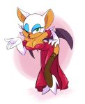  1girl anthro bat breasts brokenlynx cleavage clothed clothing dress eyeshadow footwear furry gloves green_eyes high_heels lipstick looking_at_viewer makeup mammal one_eye_closed red_lips rouge_the_bat sega shoes sonic_*(series) sonic_the_hedgehog_(series) wings wink 