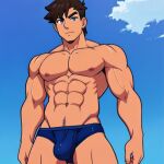  1boy abs ai_generated blue_eyes blue_swimsuit brown_hair bulge male male_nipples male_only muscle muscular muscular_male nipples swimsuit tan_skin topless topless_male 