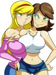  amanda_(sanity_not_included) beige_skin big_breasts breasts breasts_press brown_hair cleavage dalley-le-alpha_(artist) female green_eyes nina_(sanity_not_included) sanity_not_included smile yellow_hair yuri 