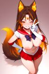 1girls ai_generated big_breasts blush bow breasts breasts_out brown_hair choker clothed clothed_female cosplay female_only gloves hand_on_hip hand_on_own_hip hellhound indie_virtual_youtuber indie_vtuber long_gloves long_hair medium_breasts microskirt midriff multicolored_hair multicolored_tail nipples one_eye_closed orange_eyes orange_hair peace_sign purple_bow red_choker red_skirt sailor_collar sailor_mars_(cosplay) sailor_senshi_uniform sinder_(vtuber) skirt smile solo_female tiara virtual_youtuber vtuber white_gloves wolf_ears wolf_girl wolf_tail