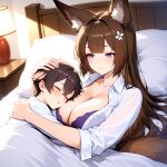 1boy 1girls ai_generated amagi_(azur_lane) azur_lane bedroom big_breasts blouse blush bra breasts brown_hair cleavage clothed fox_ears fox_girl fox_tails hair_accessory hair_ornament hugging in_bed long_hair male_sleeping mother_&amp;_son purple_bra purple_eyes ship_girl smile under_blanket white_blouse wholesome