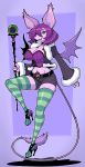 1girl anthro bat belt big_breasts breasts bustier clothed clothing coat footwear fukkusu fur furry green_eyes hair high_heels hypnofood legwear mammal original pink_fur purple_hair shoes shorts simple_background smile staff stockings striped_legwear striped_stockings stripes tight_clothing wings