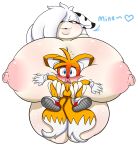 1girl 2017 anthro areola big_breasts blush bovine breasts canine cattle digitaldomain123 duo erect_nipples erection fox furry huge_breasts hyper hyper_breasts male mammal mekana miles_"tails"_prower nipples nude penis sega testicles