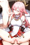 1girl 2_girls ai_generated bare_shoulders bedroom big_breasts blush breasts closed_eyes clothed clothed_female clothed_female_nude_male detached_sleeves earrings fox_ears fox_girl genshin_impact hair_accessory hair_ornament hand_on_penis handjob handjob_while_sucking head_accessory head_ornament in_bed legs_spread long_hair missionary_position naked_male nude nude_male oral oral_sex penis_in_mouth penis_in_pussy pink_hair pov sex sideboob testicle threesome vaginal_penetration yae_miko_(genshin_impact)