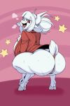 1girl 1girl 2:3 absurd_res anthro anus ass ber00 big_ass big_breasts bodily_fluids bottomless bovid breasts caprine clothed clothing crouching genitals goat goat_lucifer_(helltaker) helltaker high_res hooves huge_ass huge_breasts hyper hyper_breasts hyper_butt looking_back lucifer_(helltaker) mammal open_mouth pussy sweat tail_anus