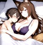 1boy 1girls ai_generated amagi_(azur_lane) azur_lane bedroom big_breasts blush bra breasts brown_hair cleavage fox_ears fox_girl fox_tails hair_accessory hair_ornament hugging in_bed long_hair male_sleeping mother_&amp;_son naked_male nude nude nude_male purple_bra purple_eyes ship_girl smile under_blanket wholesome