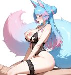 1boy 1girls ai_generated big_breasts black_lingerie black_thighlet blue_eyes blue_hair blush breasts breasts_out cowgirl_position hair_bun half-closed_eyes indie_virtual_youtuber indie_vtuber lingerie long_hair moaning multicolored_hair multicolored_tail naked_male nipples nude nude_male penis_in_pussy pink_hair sex silvervale thighlets vaginal_penetration virtual_youtuber vtuber wolf_ears wolf_girl wolf_tail