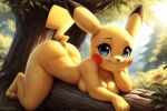 1girl ai-generated ai_assisted ai_generated anthro blue_eyes breasts completely_nude_female creatures_(company) female_focus forest_background furry furry_female game_freak gobabsnow looking_at_viewer lying nature nature_background nintendo nude_female on_stomach pikachu pokemon_(game) pokemon_(species) pokemon_humanoid tree yellow_fur