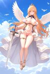 1girls ai_generated angel_wings azur_lane bare_shoulders big_breasts blush breasts clouds crown female_only flying gold_high_heels high_heels holding_sword in_the_sky light_smile long_hair nipple open_skirt orange_hair panties partially_clothed pink_eyes pink_panties richelieu_(azur_lane) ship_girl skirt smile solo_female sword thighlet white_skirt wings