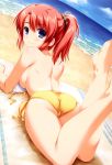 ass beach beach_blanket bikini blanket blush bra bra_removed ecchi looking_at_viewer looking_back looking_over_shoulder panties ponytail red_hair redhead sideboob smile topless tumblr yellow_bikini