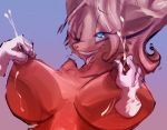 1girl anthro big_breasts blonde_hair blue_eyes breasts bust_portrait canine disembodied_hand duo fox furry hair huge_breasts lactating long_hair mammal milk nipple_pinch nipple_play nipples open_mouth pinch portrait riendonut smile solo_focus tongue tongue_out