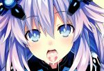 1girl after_blowjob after_oral ai_generated blush blush_lines close-up compile_heart cum_drip cum_in_mouth female_focus female_only hair_ornament idea_factory light-skinned_female light_blue_eyes looking_at_viewer neptune_(choujigen_game_neptune) next_purple_(neptunia) purple_hair raised_eyebrows uncensored