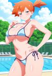  1girl ai_generated big_breasts bikini blush breasts cleavage female_only hand_on_hip hand_on_own_hip light_blue_bikini misty_(pokemon) nintendo orange_hair outdoor_pool outside pokemon pool poolside pulling_bikini_string side_ponytail smile solo_female turquoise_eyes vegaforge 
