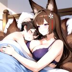 1boy 1girls ai_generated amagi_(azur_lane) azur_lane bedroom big_breasts blush bra breasts brown_hair cleavage fox_ears fox_girl fox_tails hair_accessory hair_ornament hugging in_bed long_hair male_sleeping mother_&amp;_son naked_male nude nude nude_male purple_bra purple_eyes ship_girl smile under_blanket wholesome