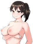 1girl asymmetrical_hair blush breast_rest breasts brown_hair dollaya1919 kaga_(kantai_collection) kantai_collection looking_at_viewer navel nipples ponytail side_ponytail tied_hair topless