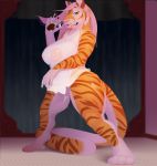  1girl 1girl anthro digitigrade feline fur furry hair long_hair looking_at_viewer mammal mei_chengse nipples pink_hair pussy simple_background stripes thunper tiger whiskers 