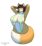 1girl 1girl 2017 amber_eyes anthro armpits big_breasts bikini breasts brown_fur brown_hair canine clothing corporalbackrubs digital_media_(artwork) dipstick_tail fox fur furry gloves_(marking) hair hands_behind_head high_res huge_breasts long_hair looking_at_viewer mammal markings multicolored_fur multicolored_tail navel orange_fur simple_background slightly_chubby sling_bikini smile swimsuit thick_thighs voluptuous white_background white_fur wide_hips