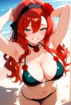 1girls ai_generated beach big_breasts bikini black_choker black_headband black_ribbon blush breasts choker cleavage ember_paradox female_only green_bikini green_eyes hands_behind_head headband indie_virtual_youtuber indie_vtuber long_hair outside red_hair red_rose ribbon rose smile solo_female virtual_youtuber vtuber 