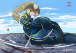 1girl ass assquake bel_(beltorchika12) beltorchika12 big_ass breasts city_destruction debris destruction earthquake falling_debris gamesquid giantess huge_ass
